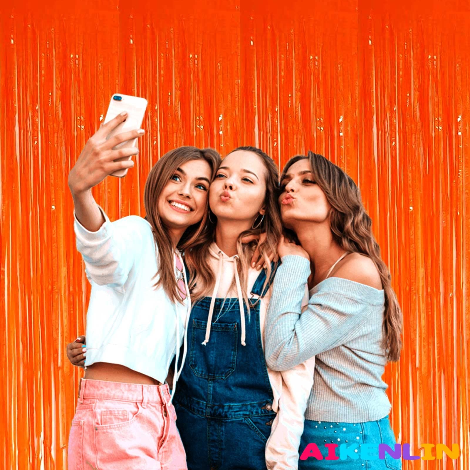 4 PCS Orange Foil Fringe Curtain Backdrop Metallic Tinsel Streamers 3.2×8.2 FT