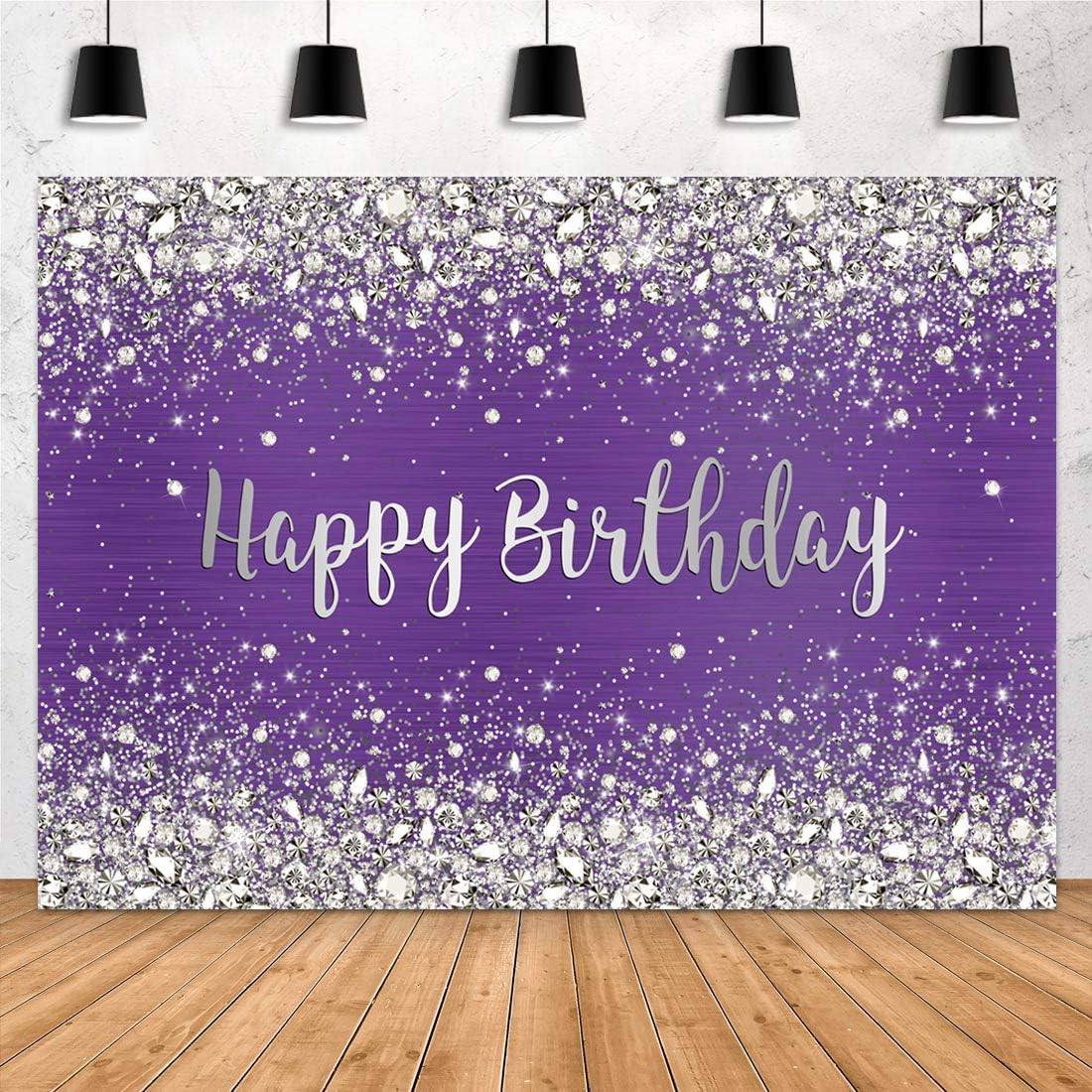 7X5Ft Glitter Purple Diamonds Happy Birthday Backdrop Shinning Silver Bokeh Dots