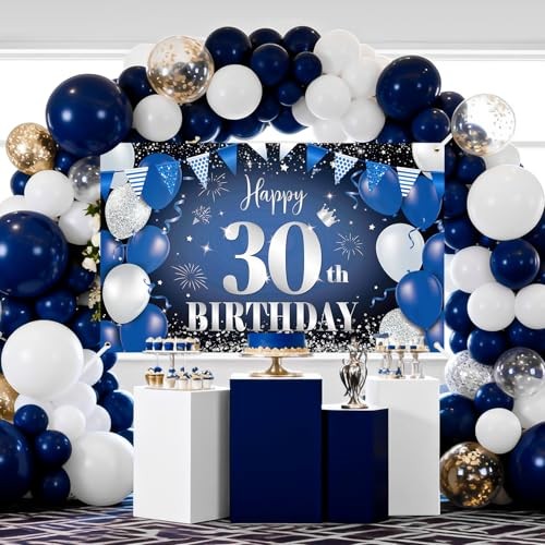 Happy 30th Birthday Banner for Him, Navy Blue Black Silver Blue Black 30th