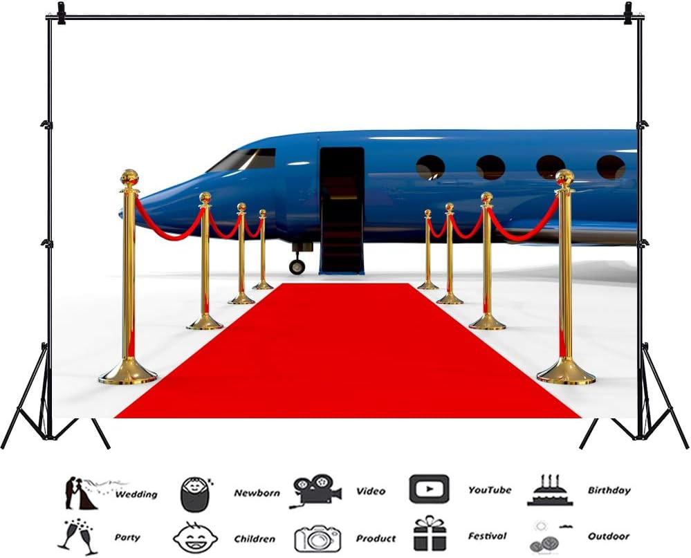 AOFOTO 10X7Ft Airport Pickup Red Carpet Backdrop Gold Bannister Blue Luxury Open