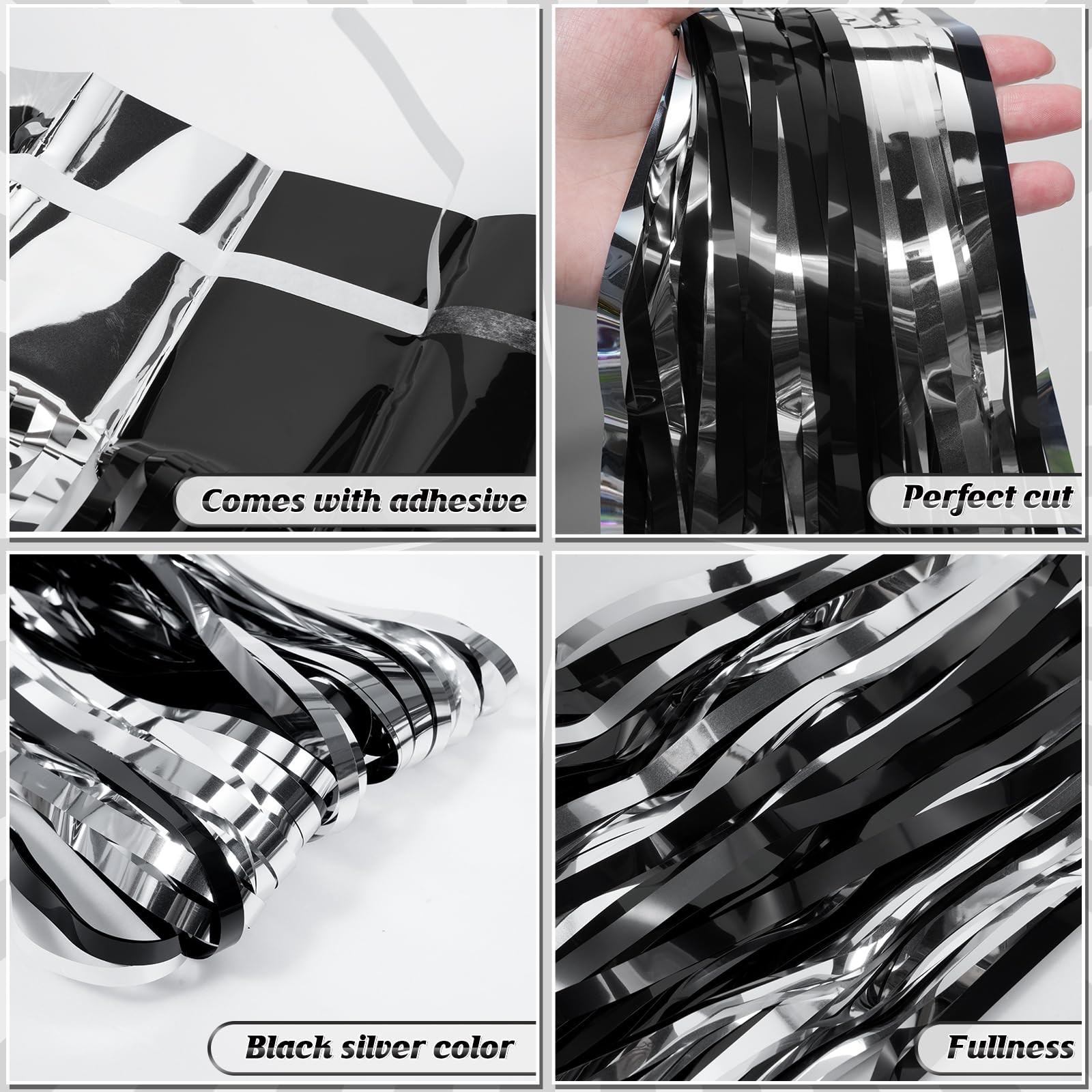 Black Silver Metallic Foil Fringe Tinsel Curtain Backdrop 3.3×6.6 Ft 6 PCS Set