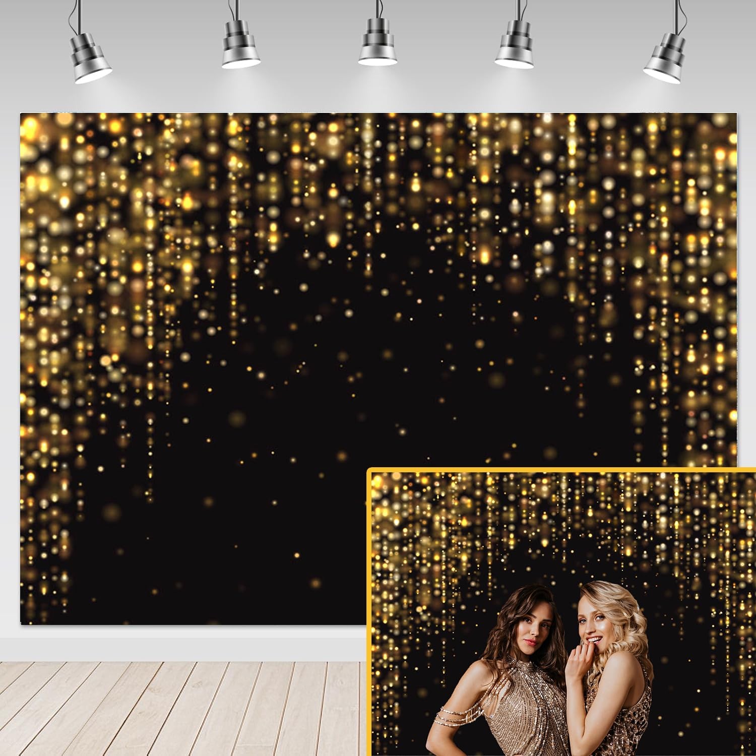 Black Gold Party Backdrop 7×5 Ft Glitter Birthday New Year Photo Booth