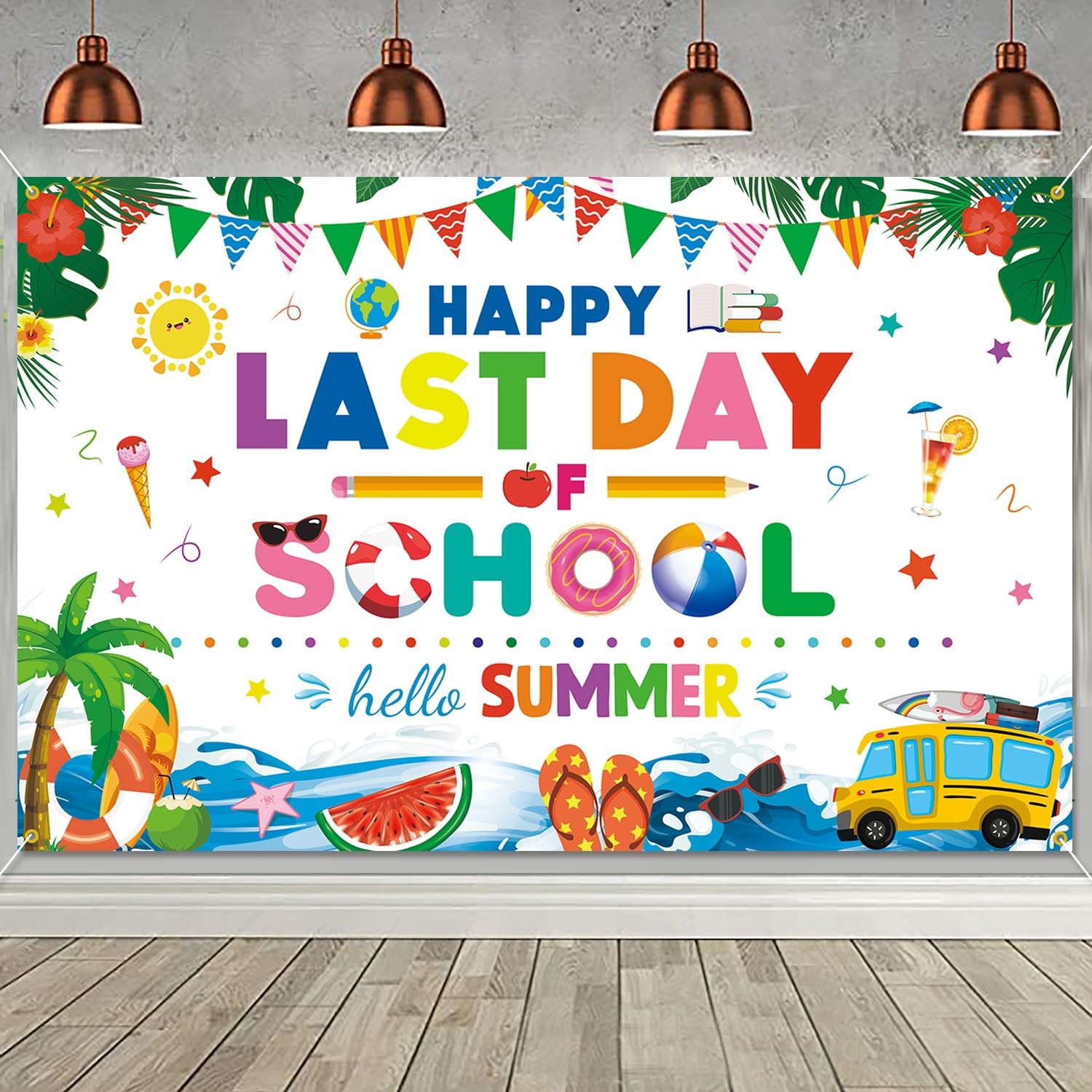 Happy Last Day of School Hello Summer Backdrop Banner End of School Year Them…