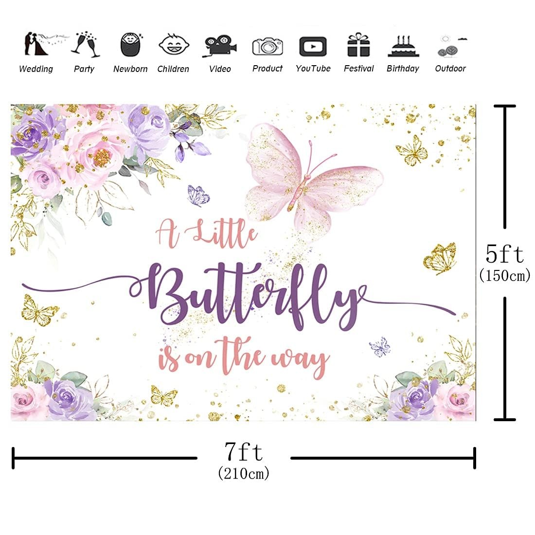 Aperturee 7x5ft Butterfly Baby Shower Backdrop A Little 7×5 ft, purple