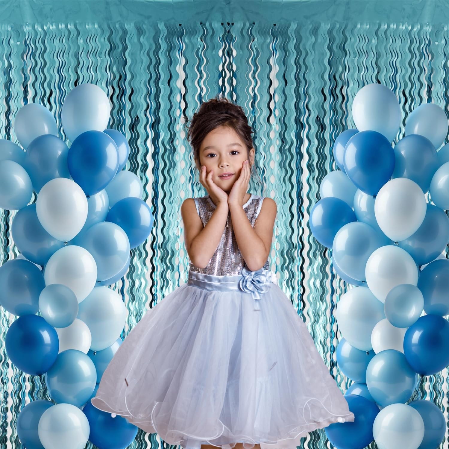 2 PCS 6.4×6.5 Ft Metallic Tinsel Foil Fringe Curtain Party Wavy Light Blue