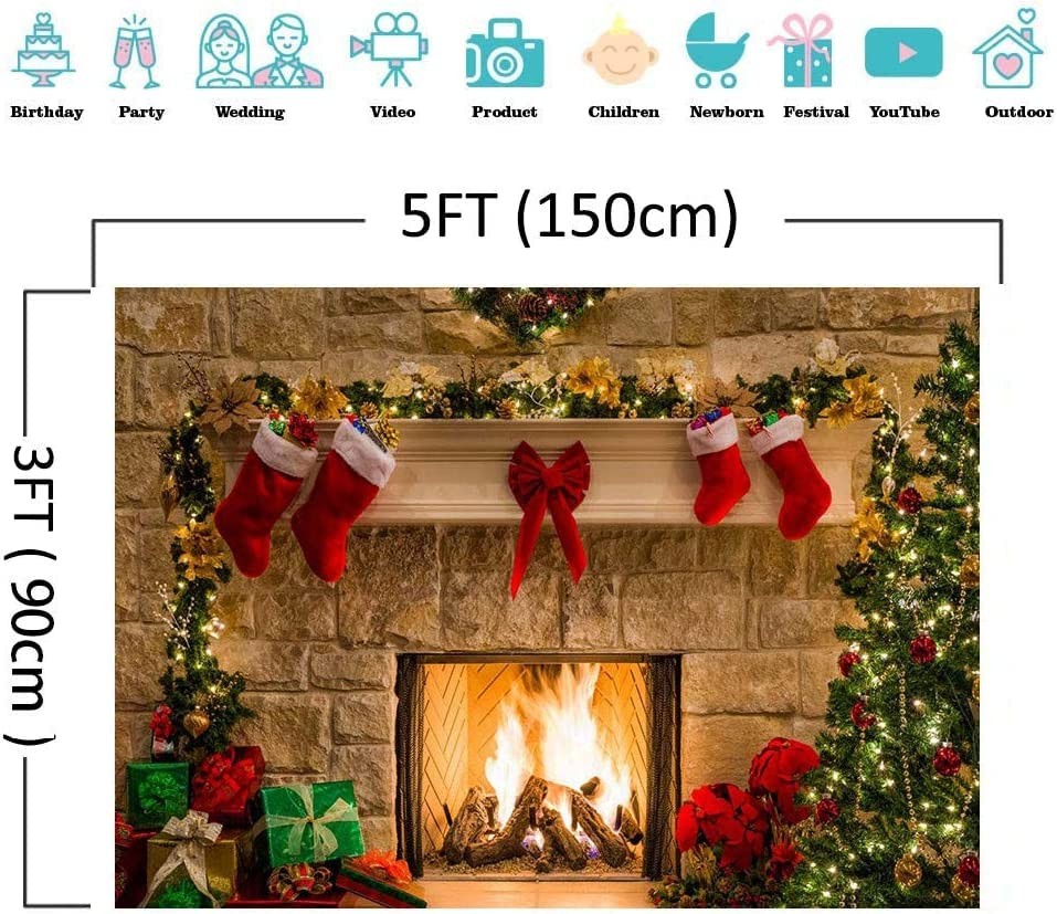 7x5Ft Christmas Photography Backdrop Fireplace Photography Background for Studio