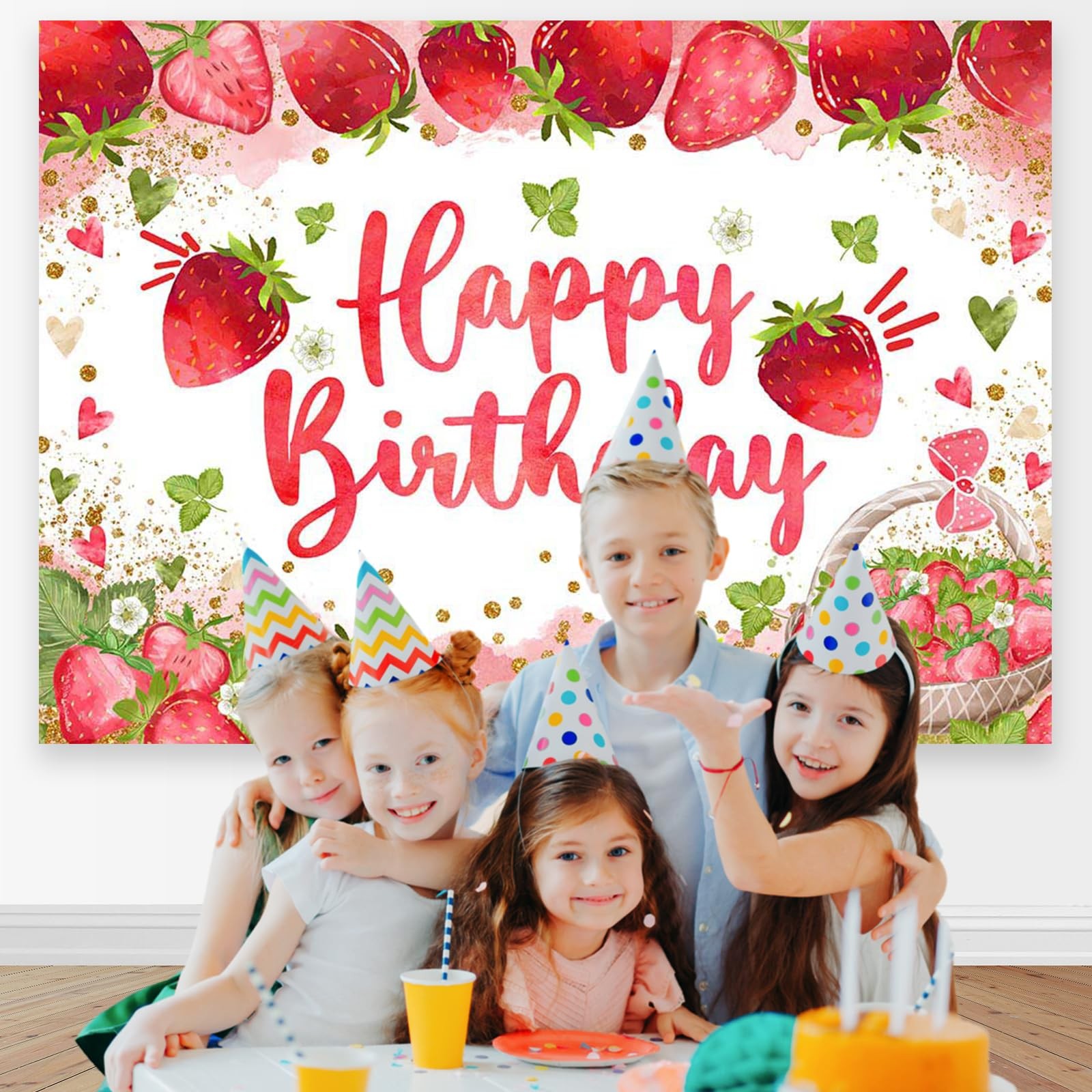 Strawberry Birthday Backdrop 7×5 ft Happy Birthday Girl Party Photo Banner