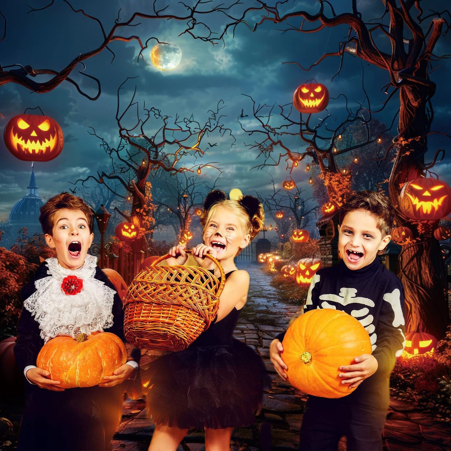 Halloween Backdrop 10x10ft Moon Night Scary Pumpkin Forest Photo Backdrops for