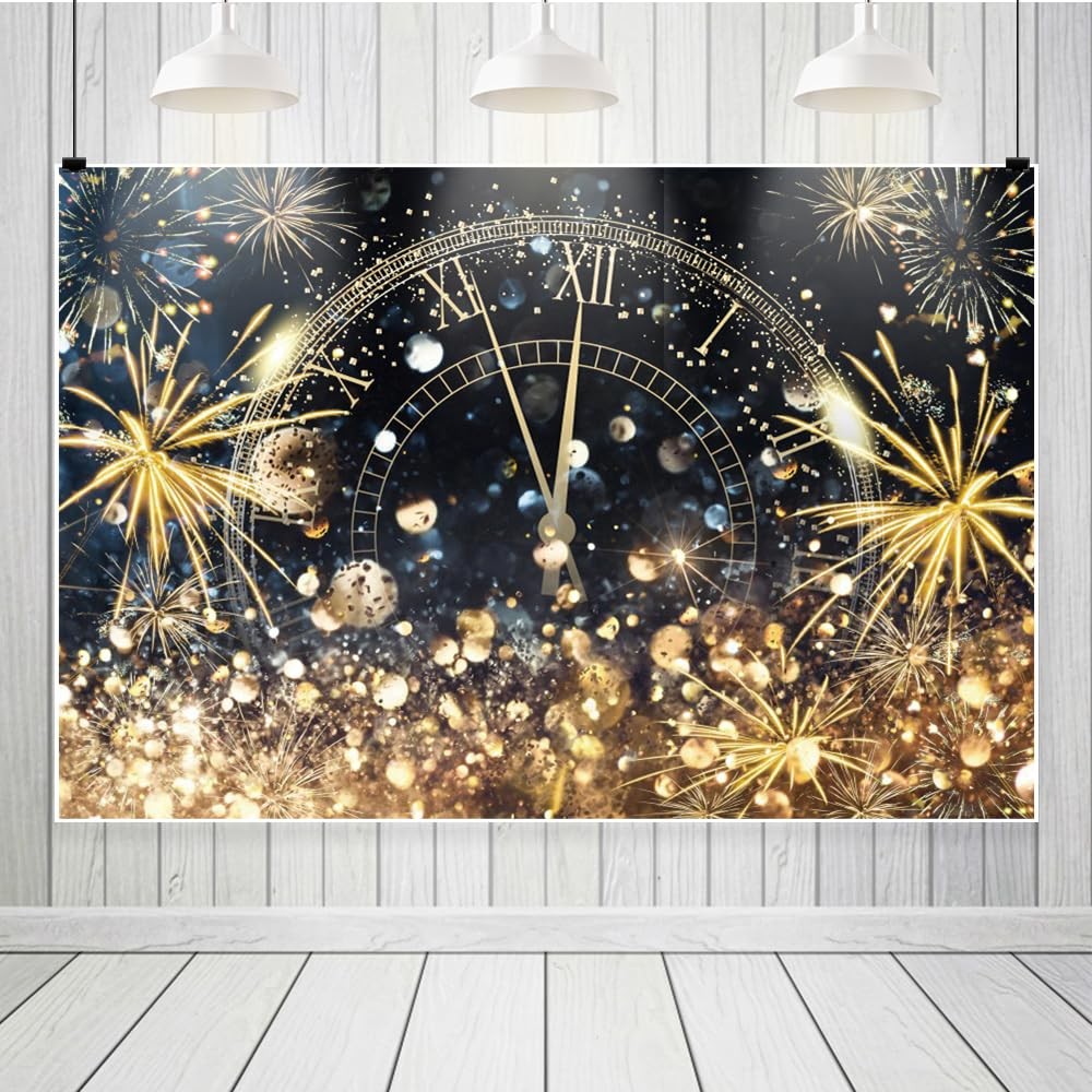 Vinyl Happy New Year Backdrop 10×8 Ft Clock Golden Fireworks Glitter Dots