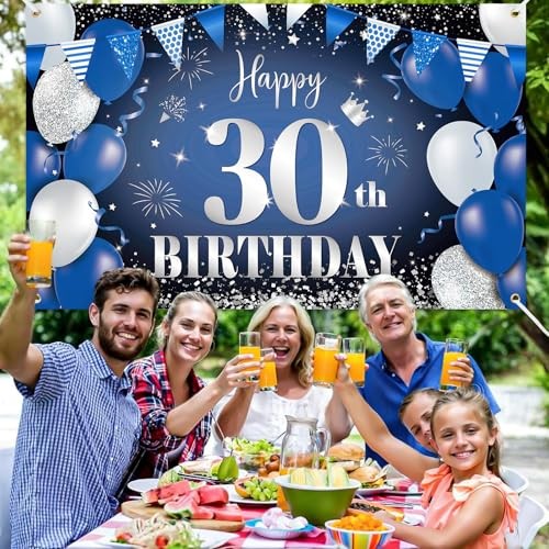 Happy 30th Birthday Banner for Him, Navy Blue Black Silver Blue Black 30th