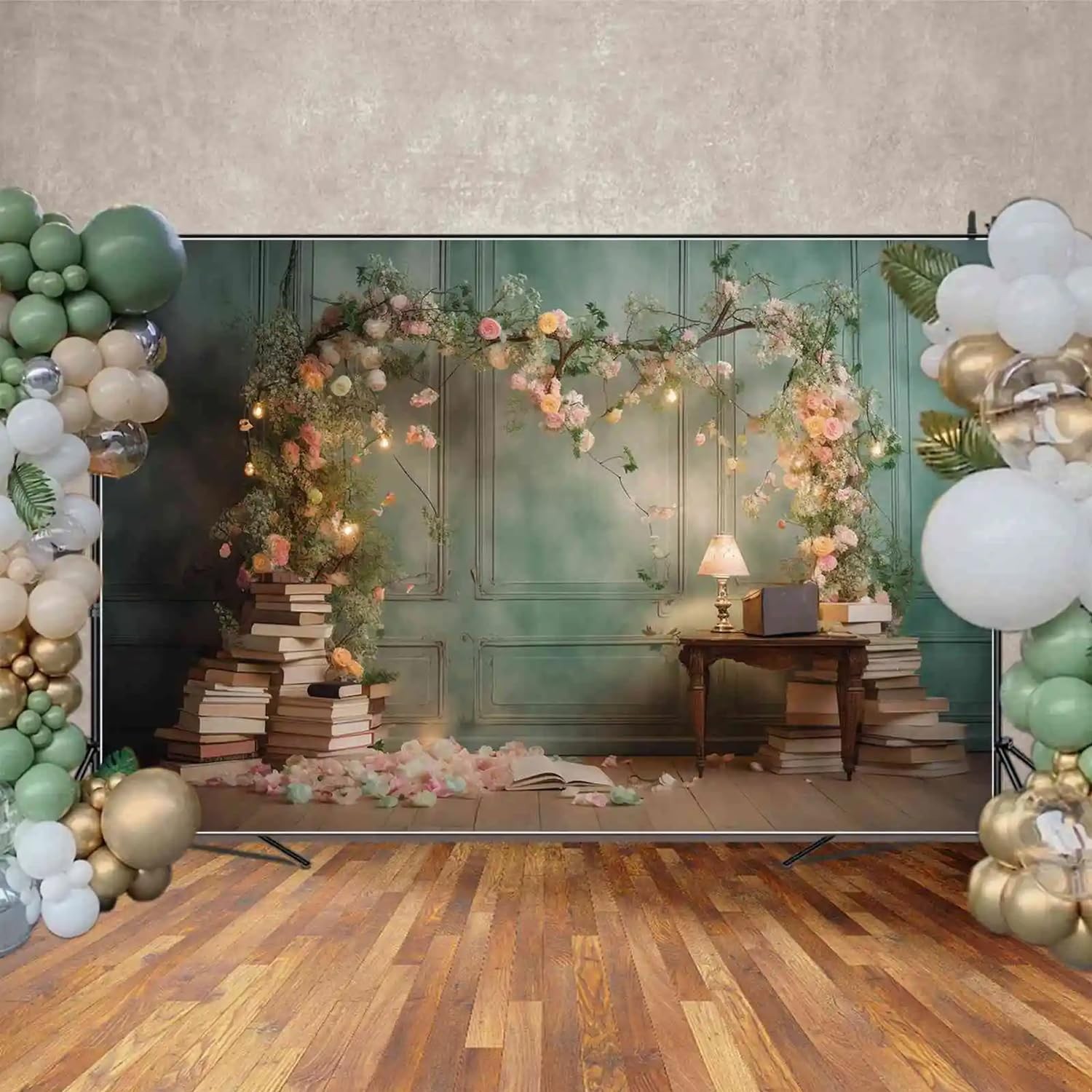 7x5ft Floral Fine Book Art Backdrop Green Wall Bulb Light Pink Photo Studio