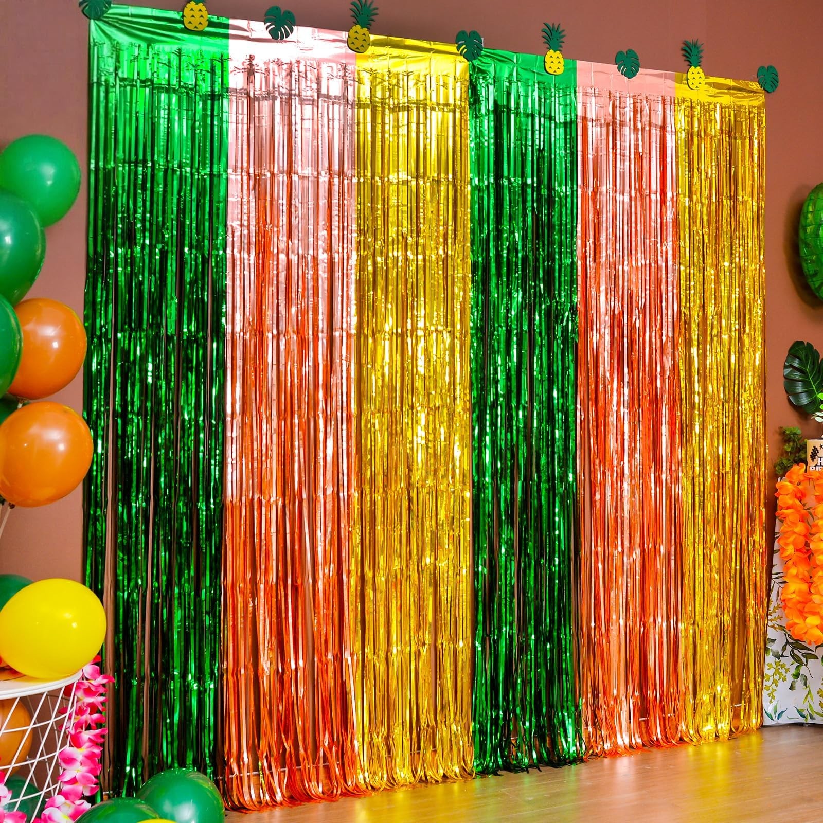 LOLStar Hawaiian Luau Foil Fringe Curtains, 2 PACK, Green Brown and Yellow