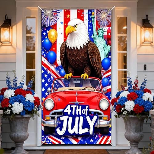 Patriotic Door Cover Decoration 71 x 35 in Holiday 4th of July Eagle Red Car