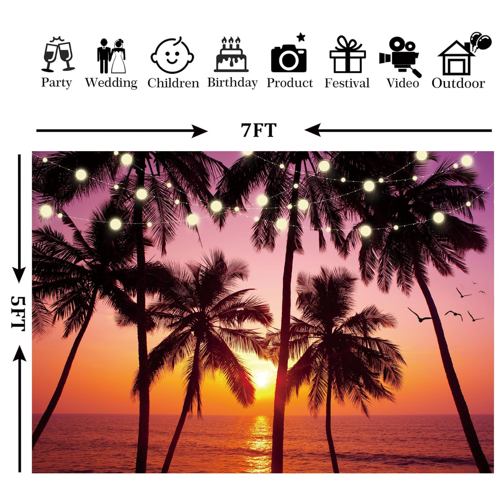 7x5ft Sunset Summer Beach Hawaiian Luau Surfboard Photography Backdrop