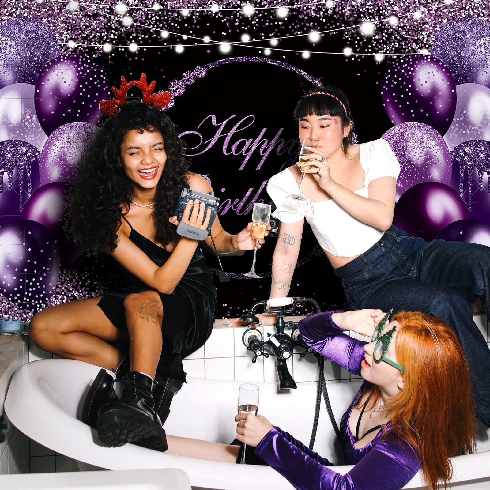 7x5Ft Purple Black Silver Happy Birthday Party Backdrop Photography Background