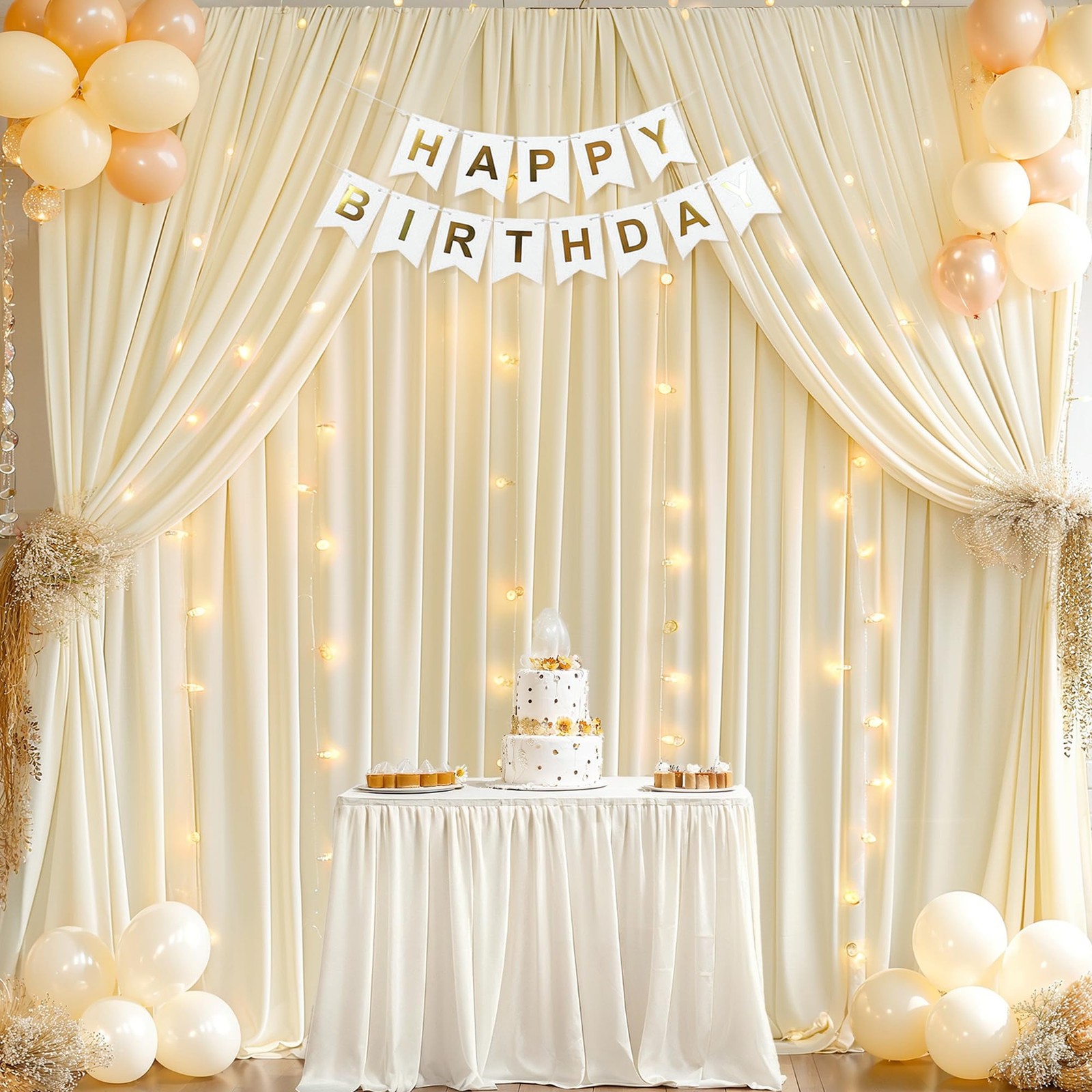 2 Panels Ivory Backdrop Curtains, 10x10ft, String Lights, Wrinkle Free Drapes