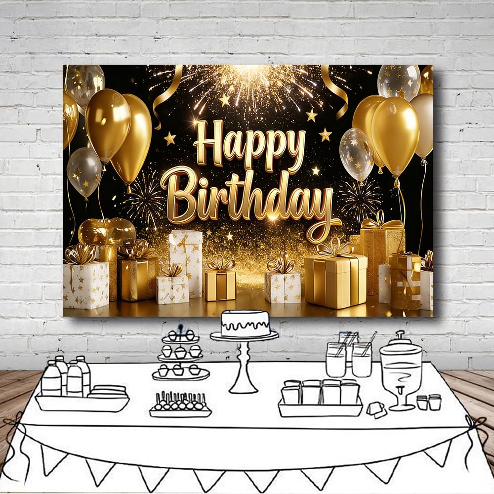 DePhoto 7x5FT Black and Gold Happy Birthday 7×5 FT, Backdrop 6
