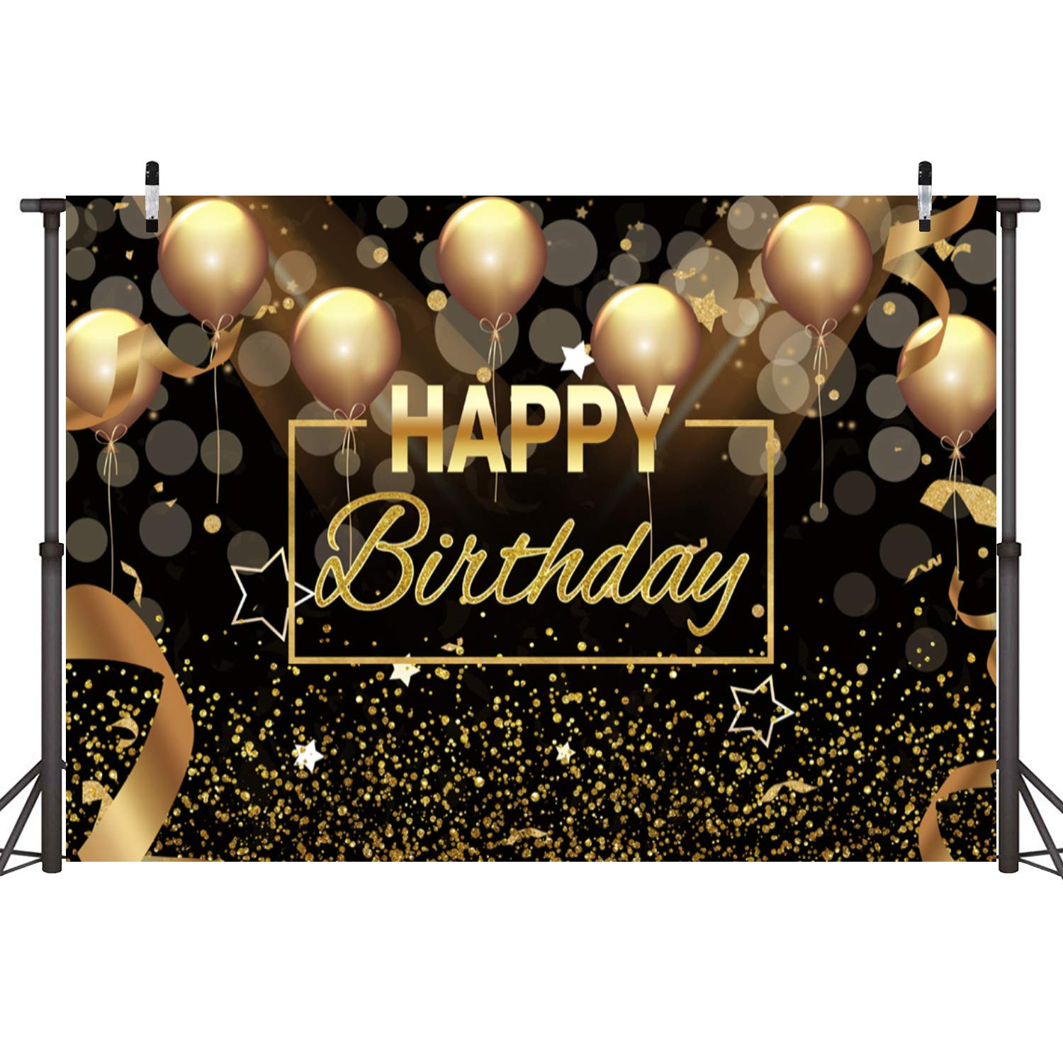 Happy Birthday Party Backdrop Banner Black Gold Balloons Glitter Bokeh Spots …