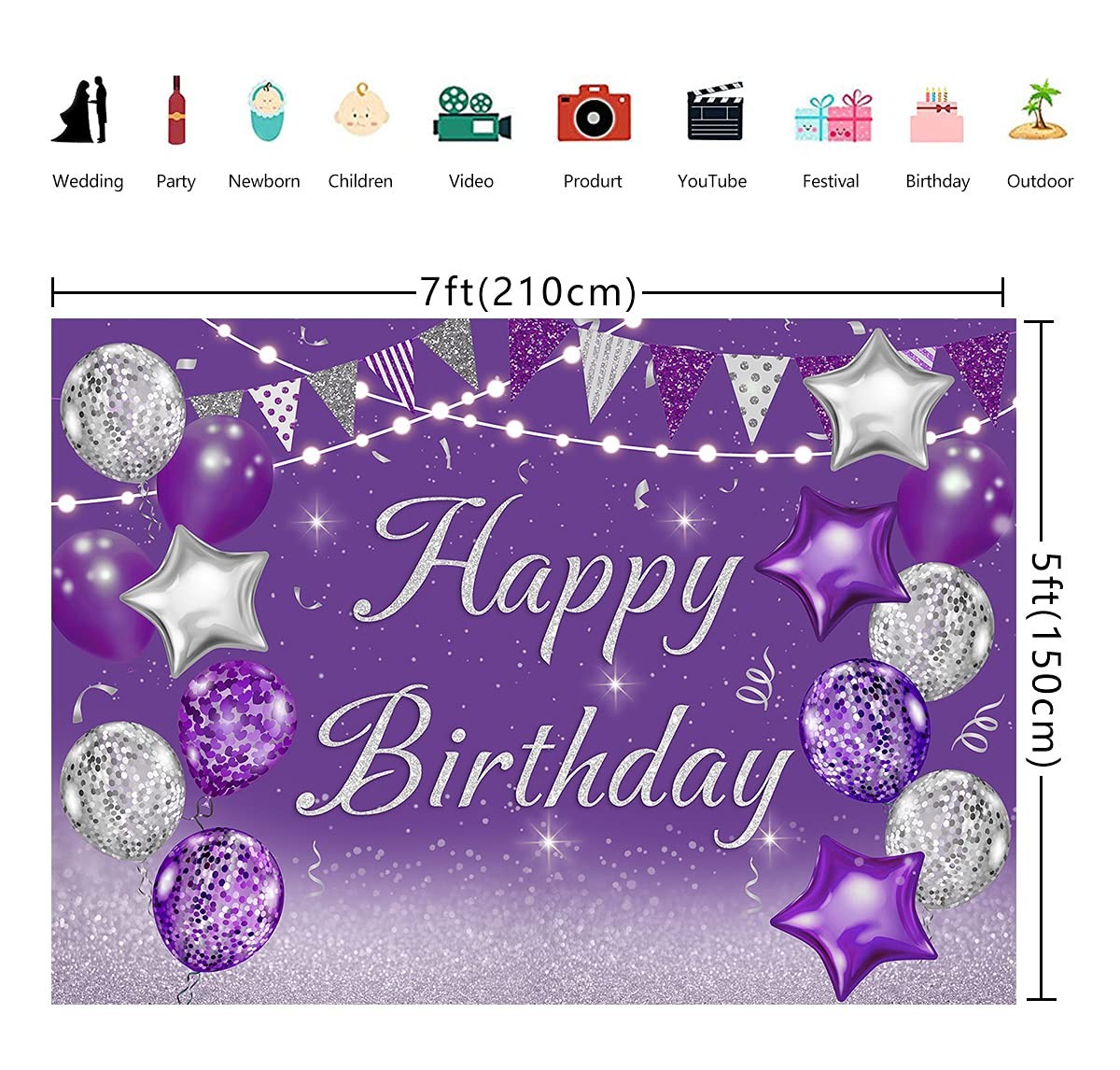 INRUI Purple Happy Birthday Photography Backdrop Silver Glitter 7x5FT, purple