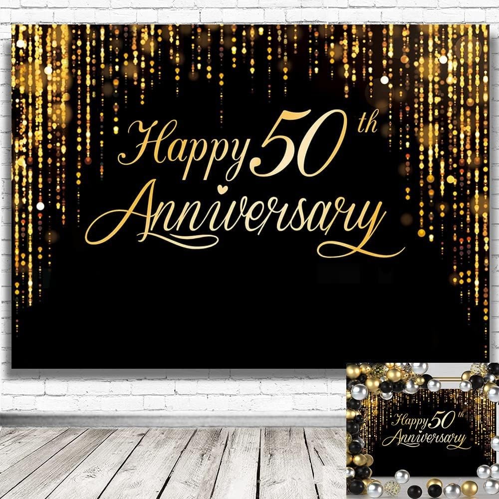 Happy 50th Anniversary Backdrop Black Gold Background Bokeh Dots Extra Large