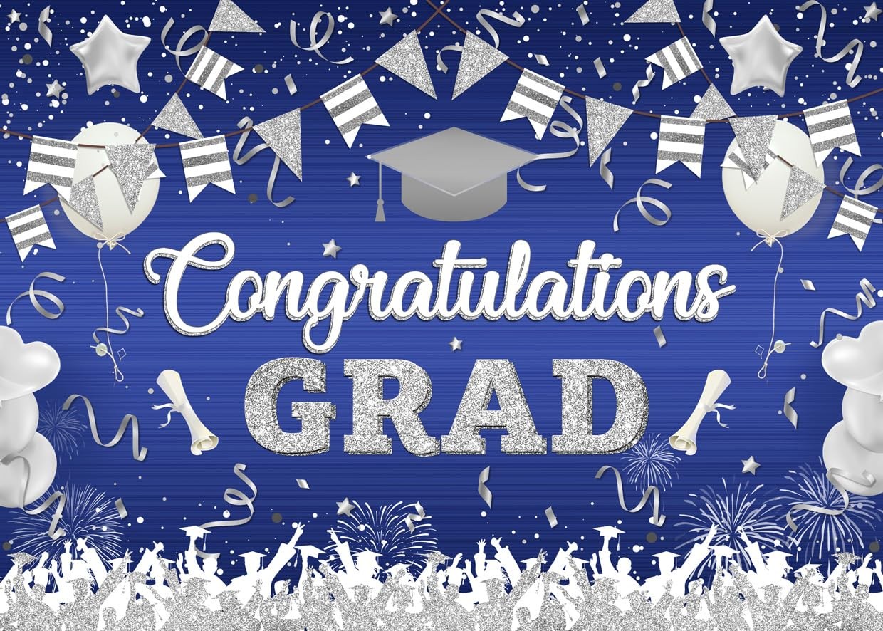 10x8ft Blue and Silver 2025 Graduation Backdrop Congratulations Grad Photogra…