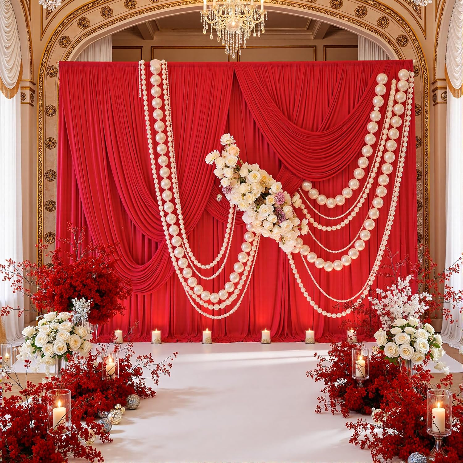 40Ft X 10Ft Wrinkle Free Red Backdrop Curtains for Parties, 8 Panels 5X10Ft Silk
