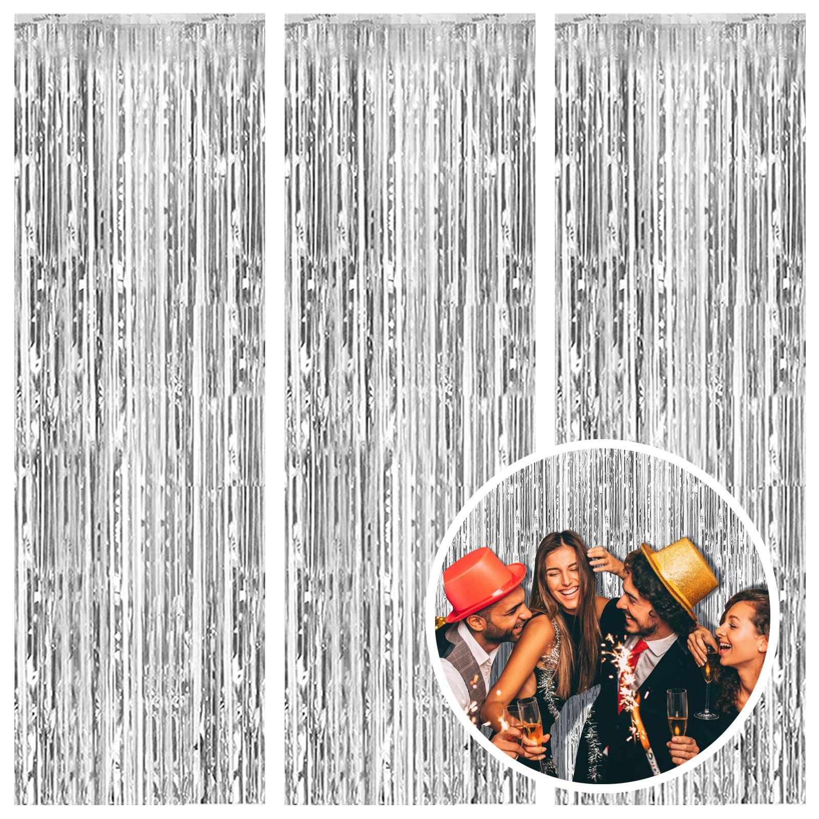 Silver Foil Fringe Backdrop Curtains Metallic Tinsel Party Streamers 3 PCS