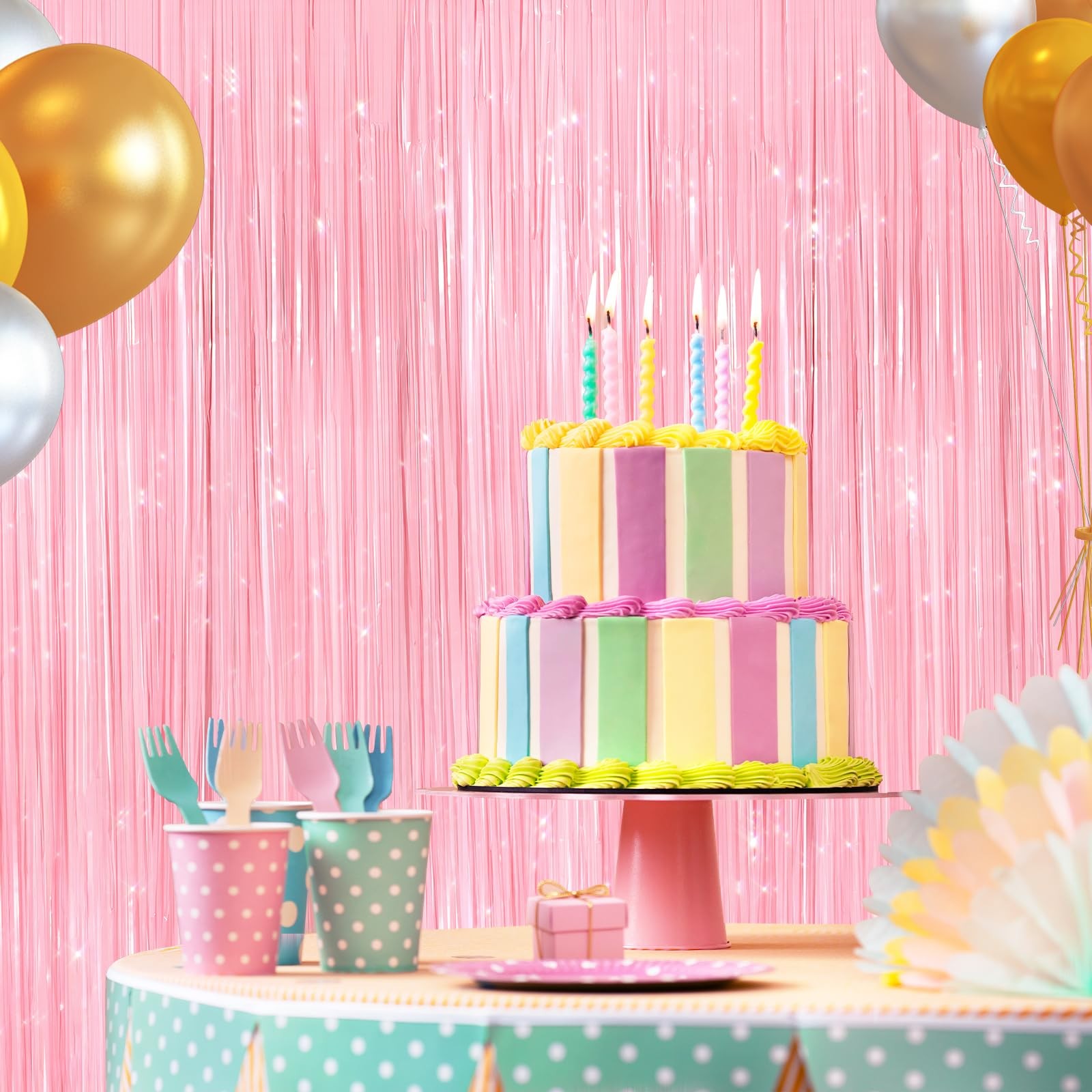 2 PCS Pastel Pink Metallic Tinsel Foil Fringe Curtains Photo Booth Backdrop