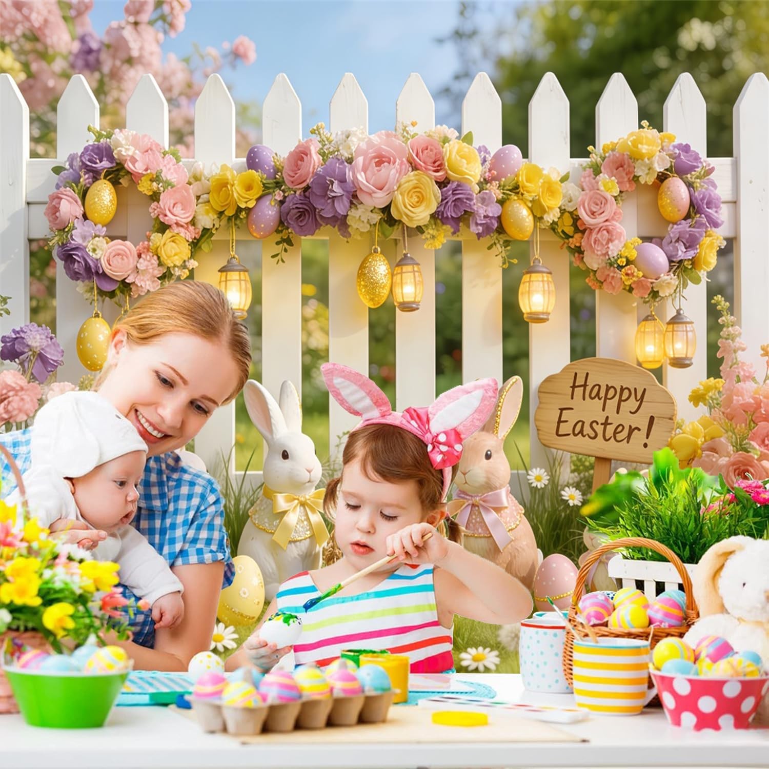 10x8ft Easter Backdrop Glitter Fence Flower Spring Garden Backdrops for Photo…