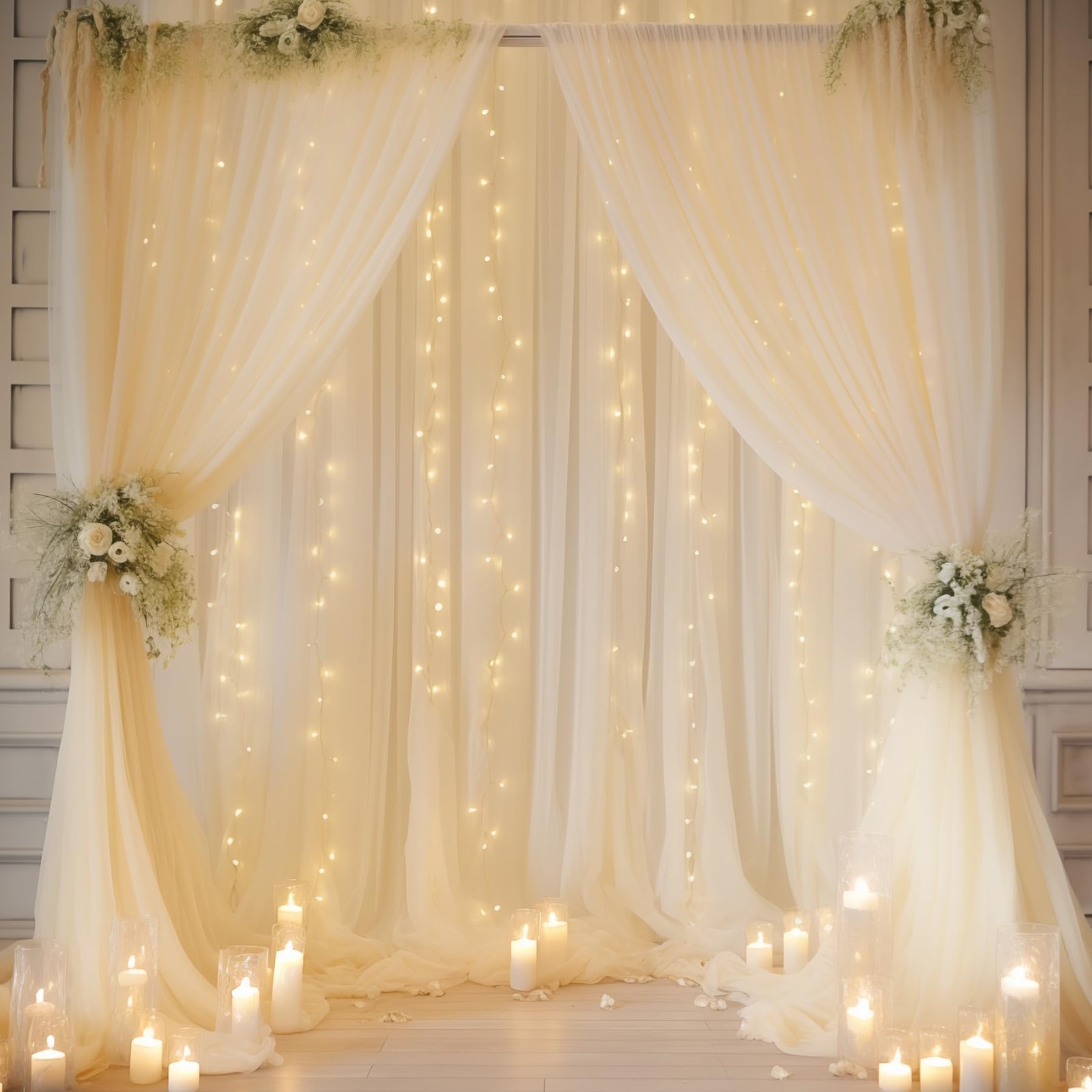 10x10ft Beige Chiffon Backdrop Curtain Set With Lights String Wedding