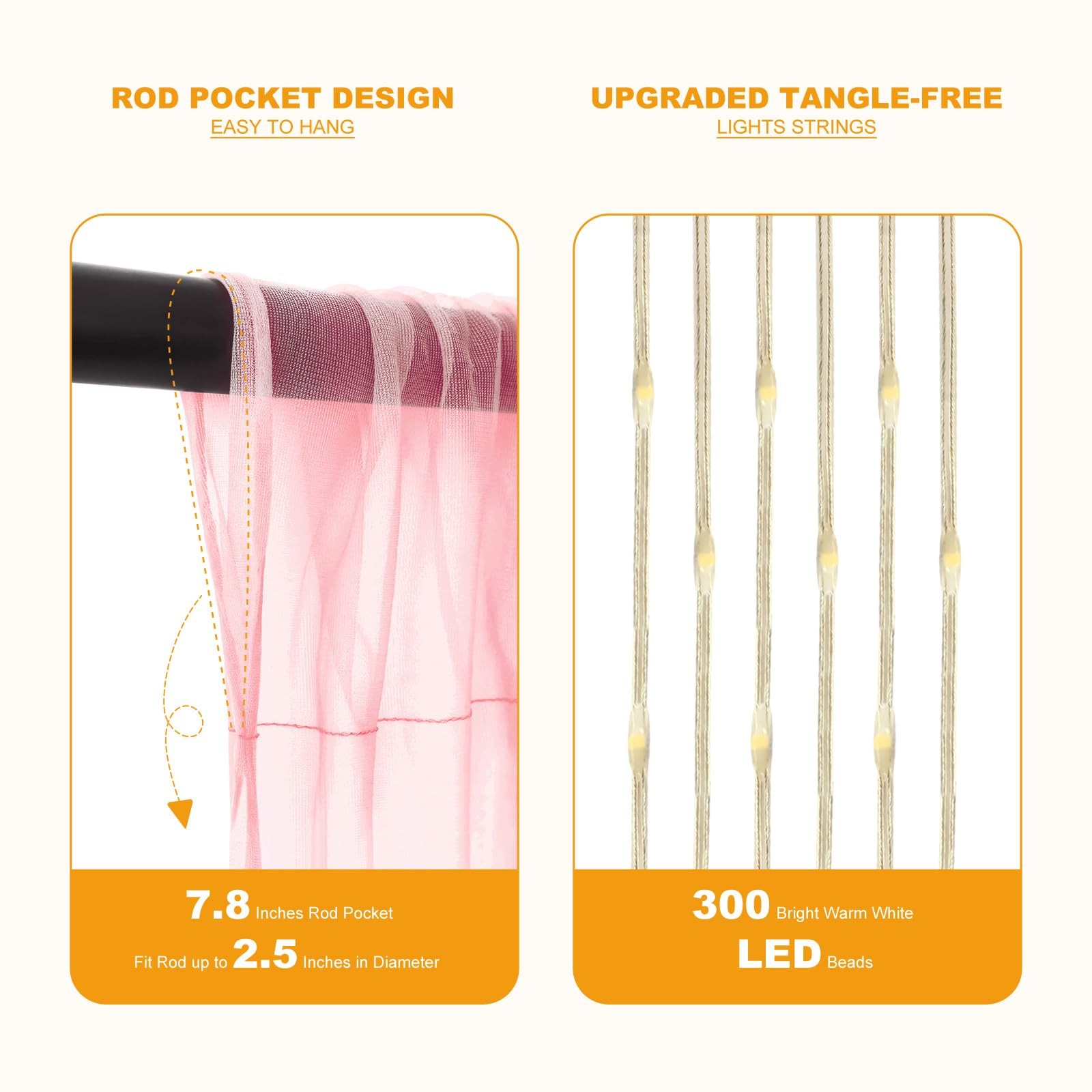 Pink Tulle Curtain Backdrop 300 LED Fairy Lights Sheer WrinkleFree 10×10 Ft