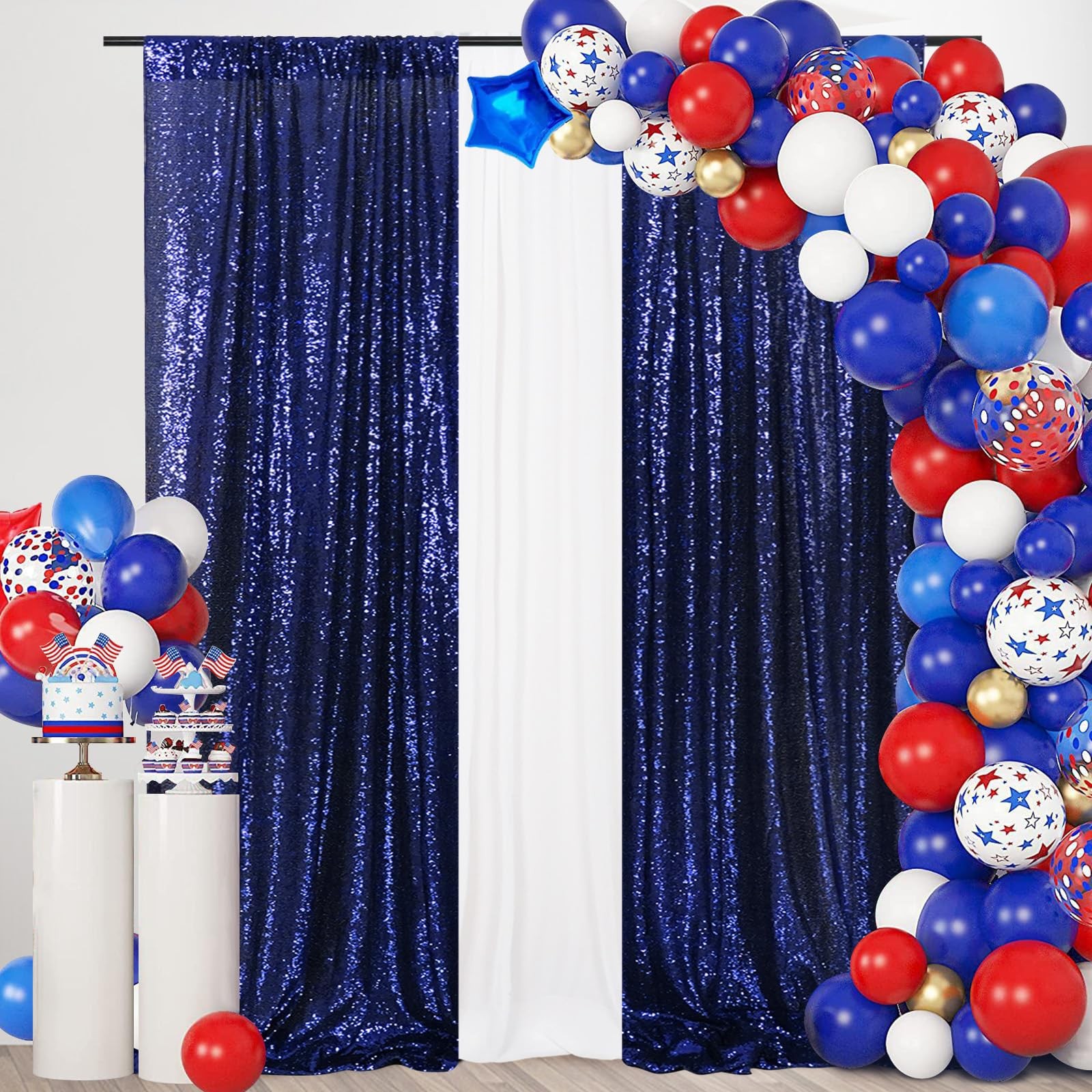 2 PCS 2×8 Ft Navy Blue Sequin Backdrop Curtain Background Wedding Party