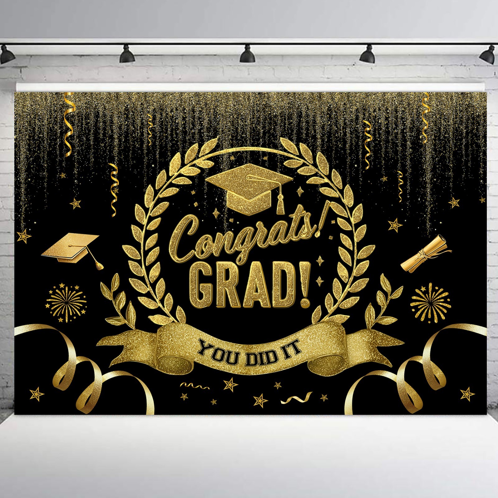 10x8ft Black Gold Congrats Grad Backdrop Graduation Party Photo Background