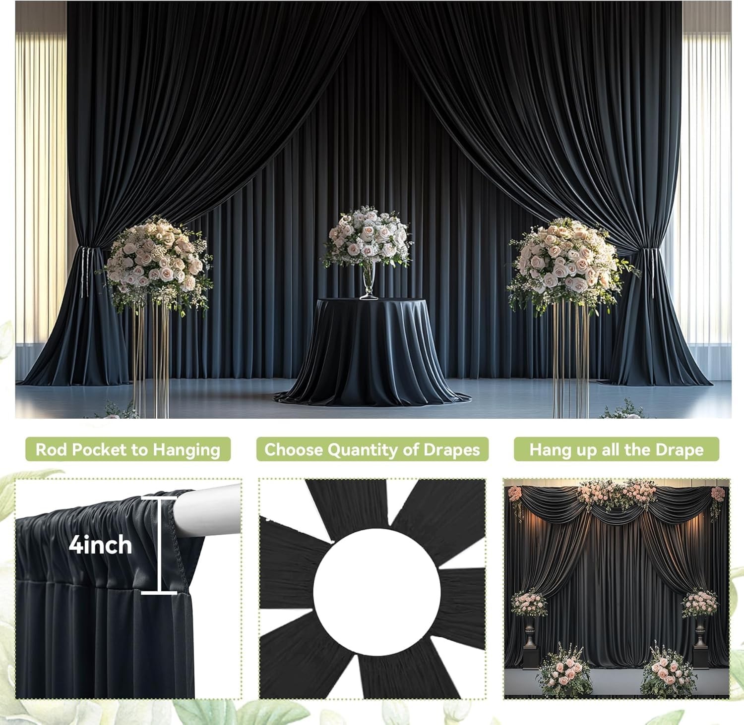 50ft×12ft Black Backdrop Curtain for Wedding W5′ x H12′(10 panels),