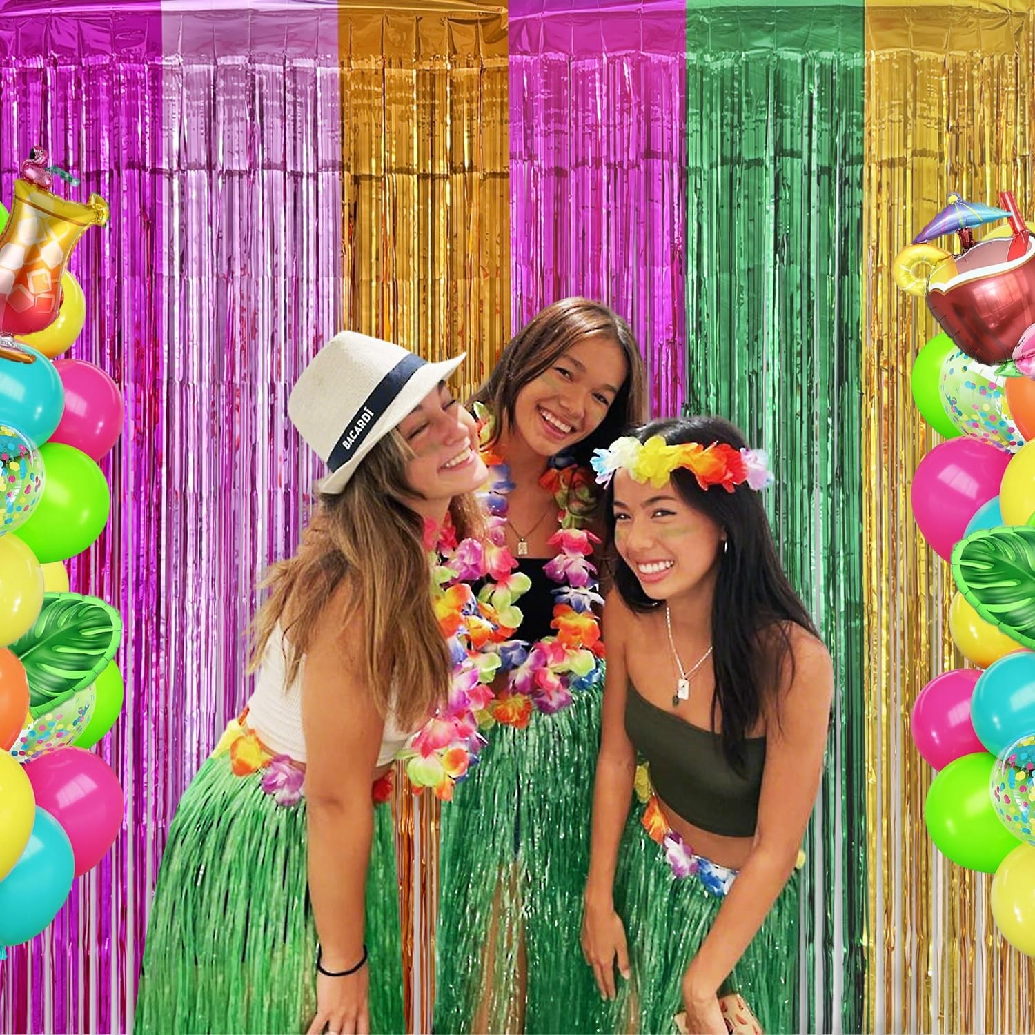 4 PCS Hawaiian Luau Party Decorations 3.28×6.56 Ft Foil Fringe Curtains