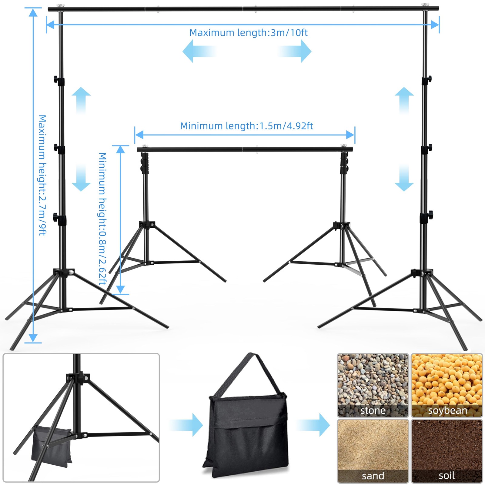 Photo Backdrop Stand, 10x9ft(WxH) Adjustable Photography Backdrop Stand, Alum…