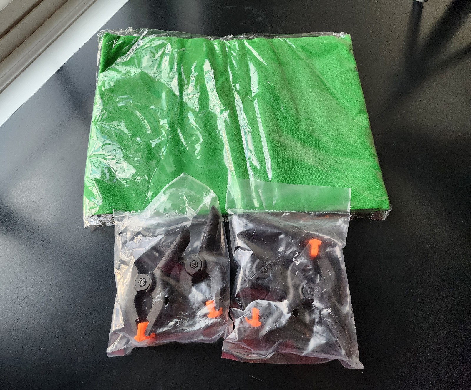 Set of Bower Content Creator Items: Table Tripod, 5 x 7 Green Screen, & 4 clamps