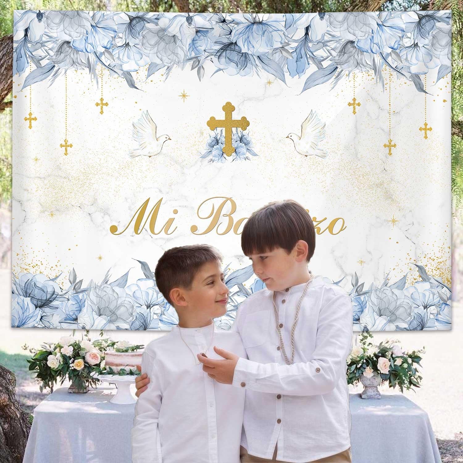 7x5ft Mi Bautizo Backdrop, Boy, Blue Floral, First Communion, God Bless