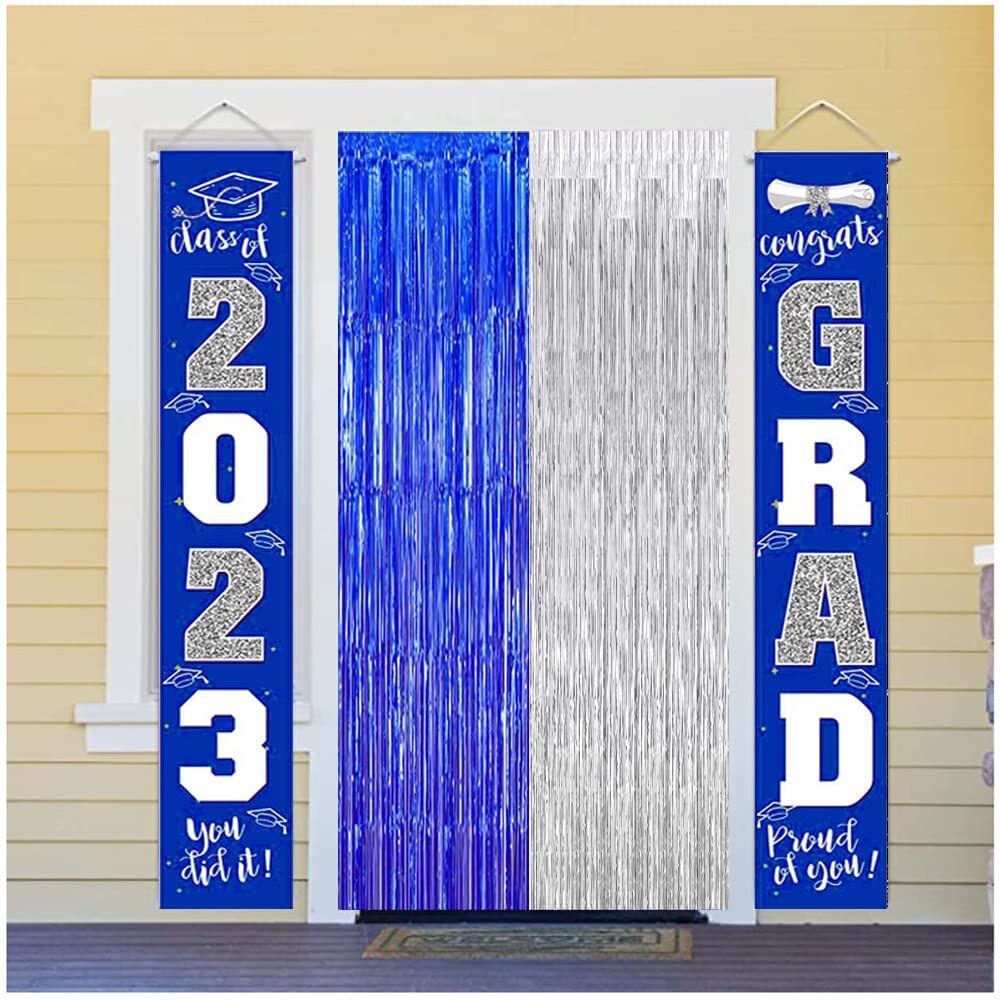 3 Pack Blue Silver Graduation Backdrop 2025 Metallic Foil Curtain Birthday