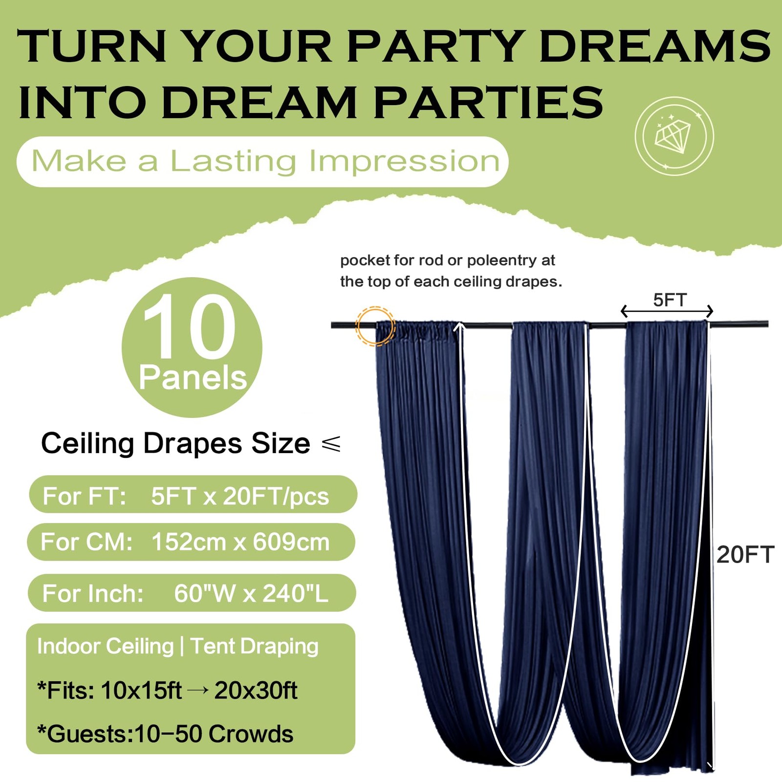 10 Panels 5ft(W) x 20ft(H) Navy Blue 60″W x 240″L (Pack of 10),