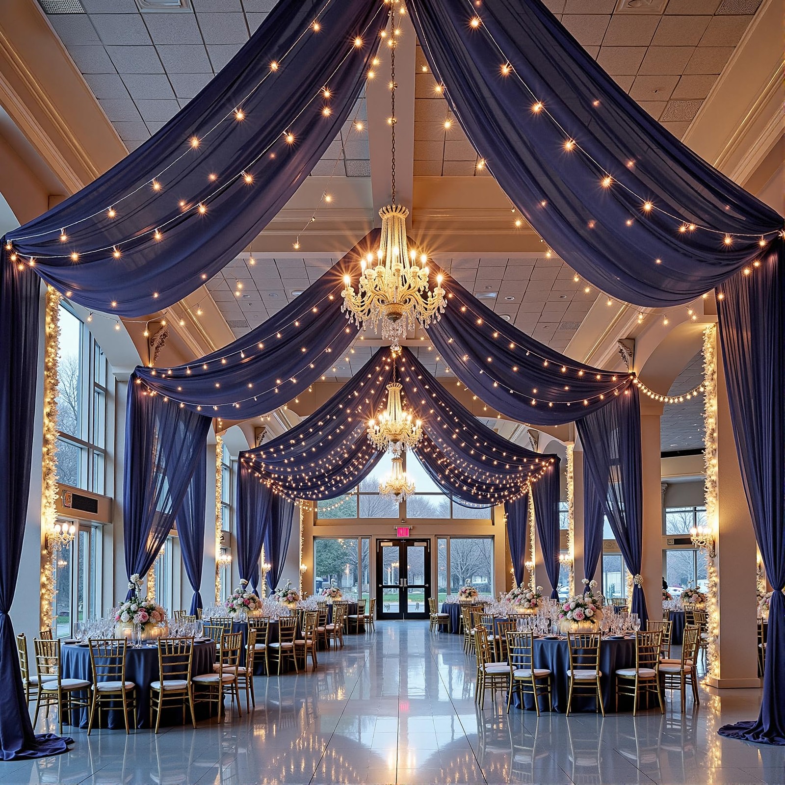 6 Panels Navy Blue Ceiling Drapes with Lights for Weddings Ceiling Drapes 5ft…
