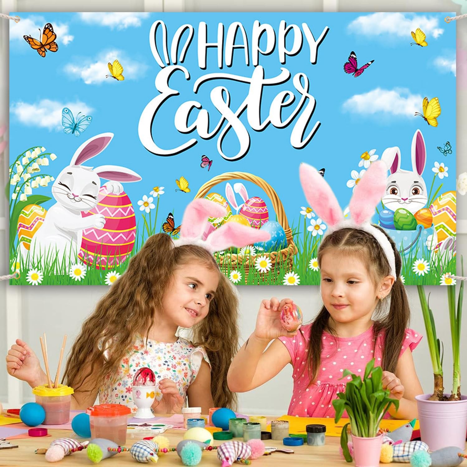 AIBIIN Happy Easter Backdrop Banner Colorful Flower 5.9×3.6ft, Multicolor