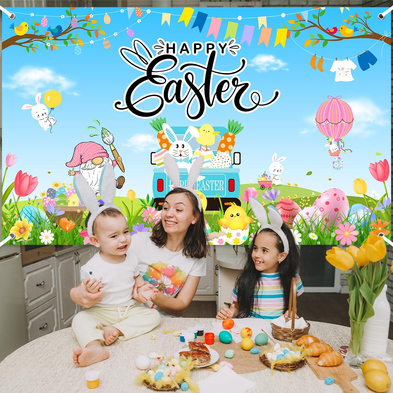 Mocsicka Happy Easter Banner Backdrop Colorful Bunny Eggs 6×3.6ft, Multi