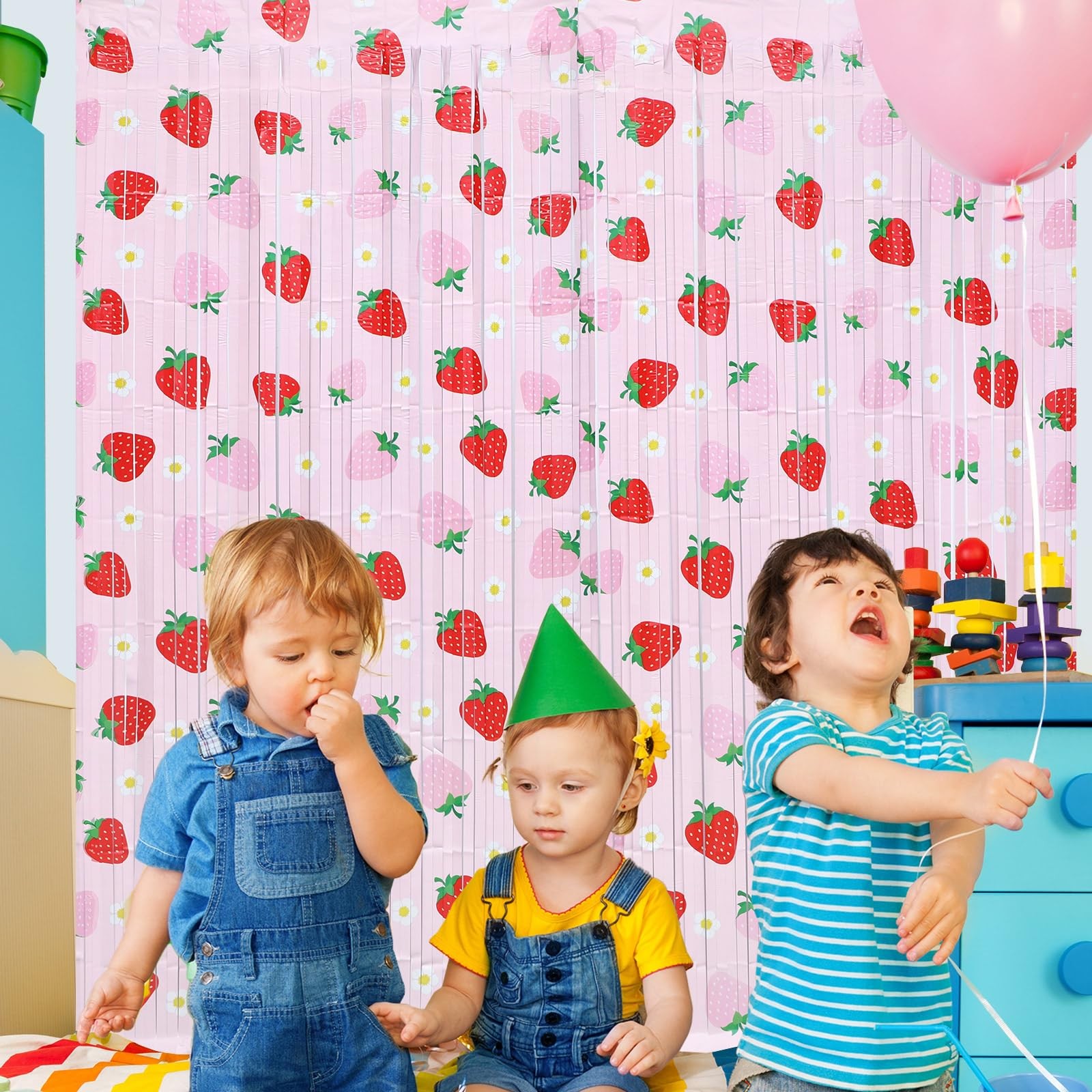 2 PCS Strawberry Foil Fringe Curtain Birthday Party Backdrop 3.3×6.6 FT