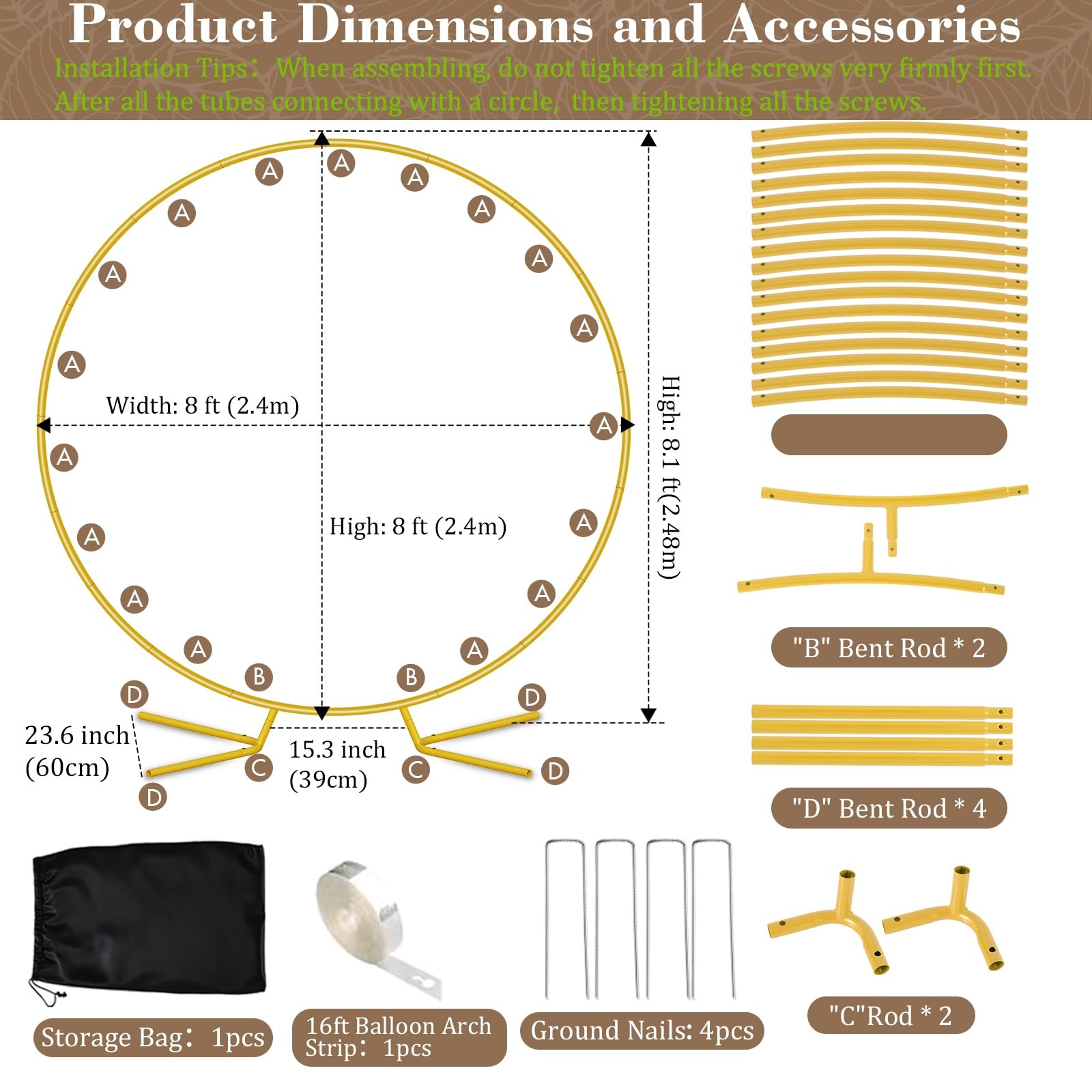 8FT Round Arch Backdrop Stand, Gold Circle Balloon Arch Frame Stand Heavy Dut…