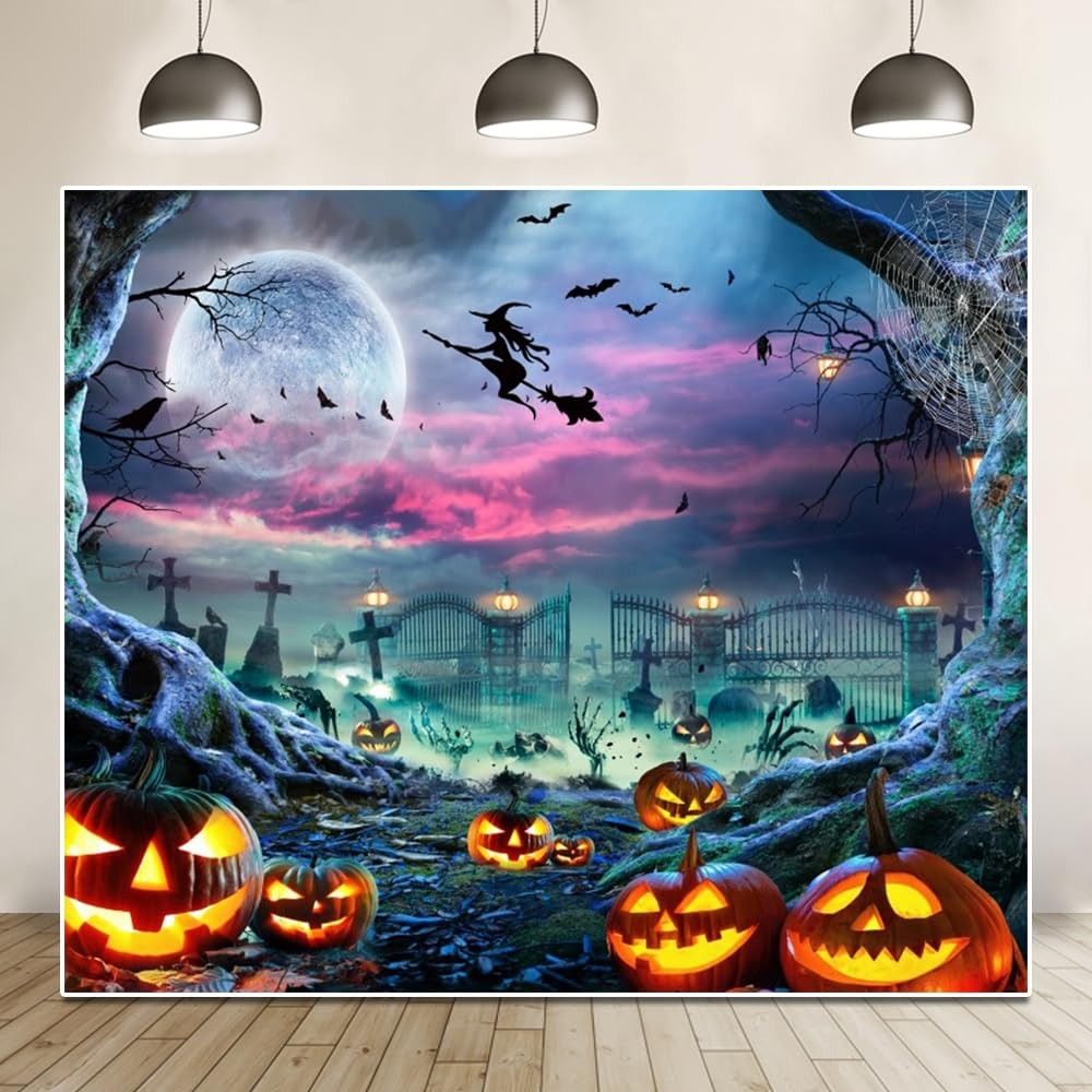 10×8 Ft Halloween Backdrop Scary Full Moon Pumpkin Cemetery Horror