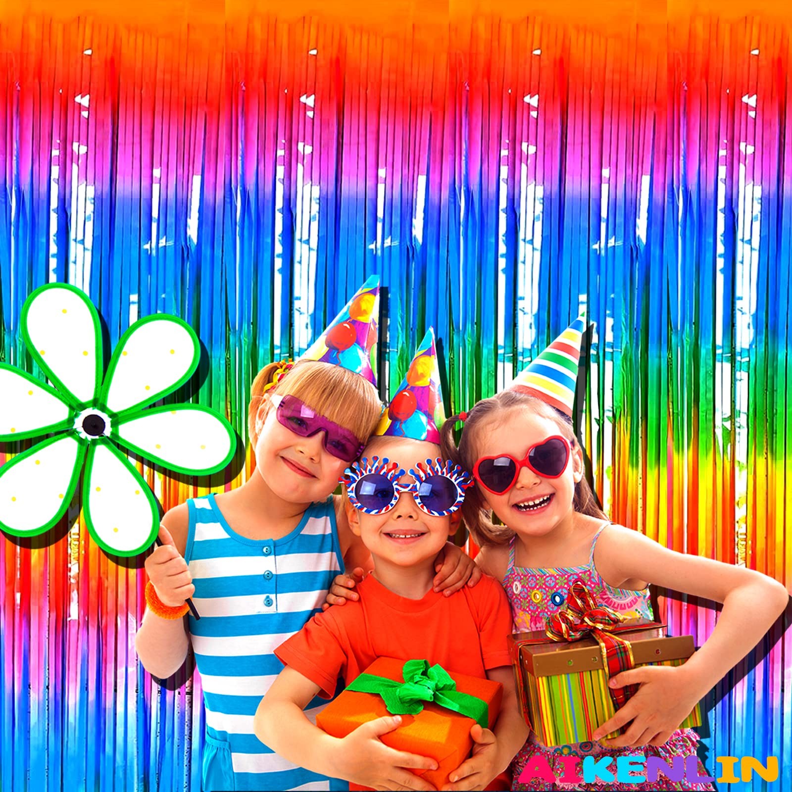 4 Pack 3.2Ft x 8.2Ft Rainbow Foil Fringe Curtain Backdrop Colorful Metallic T…