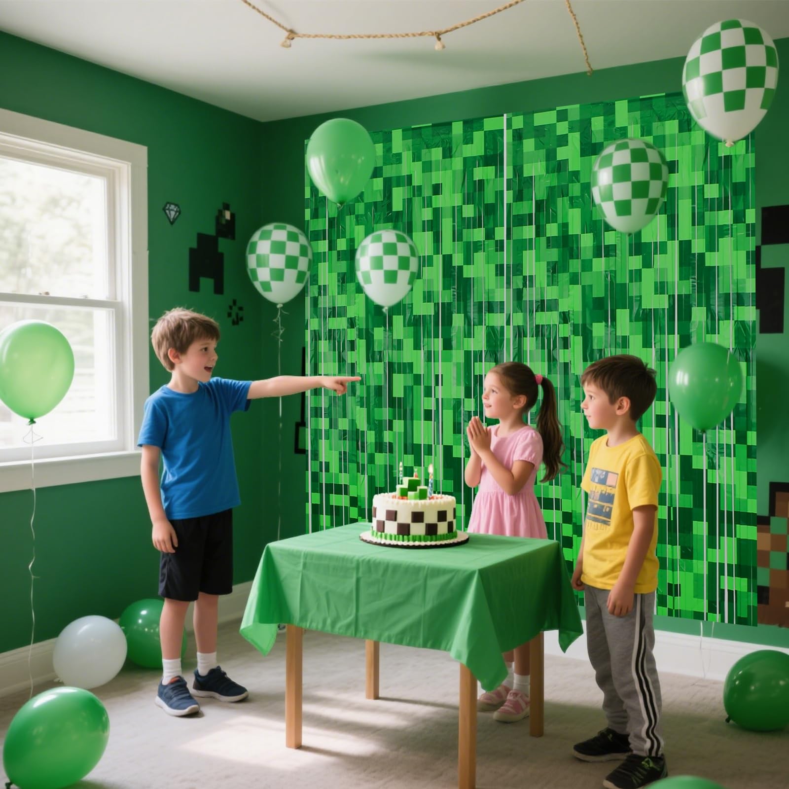 2 Pcs Green Pixel Miner Foil Fringe Curtains