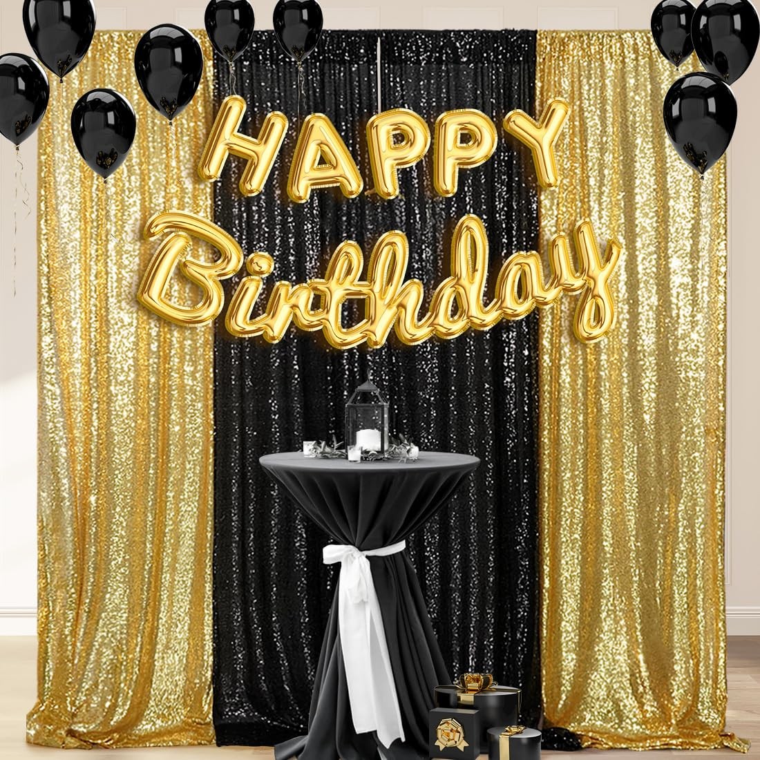 4 PCS 2×8 Ft Black Gold Sequin Backdrop Curtain Glitter Party Decor