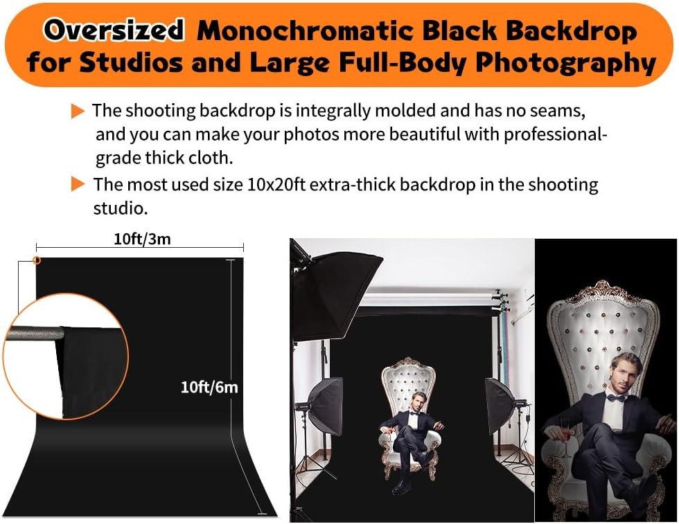 Black Backdrop, 10×20 ft Large Photo Backdrop Curtain for ft,